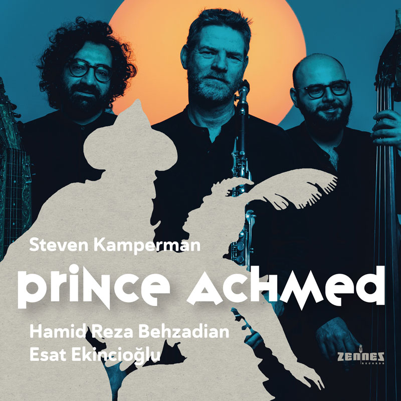 Steven Kamperman - Prince Achmed cover artwork. a photo of the band and a gray ilustration.