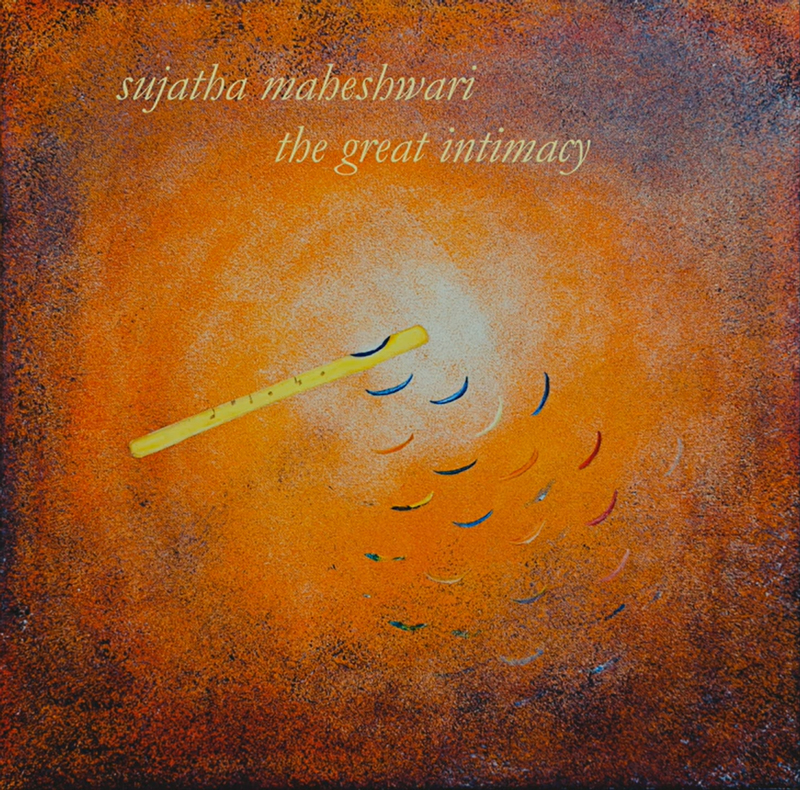 Sujatha Maheshwari In the Initial Arising. Cover artwork of the album The Grest Intimacy that features the song. an orange brown design with a flute in the middle emitting sound waves.