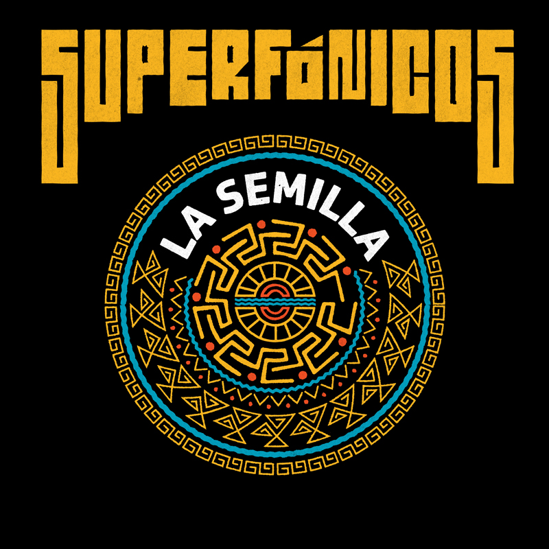 Superfónicos "La Semilla" single artwork. A black background with a geometric pattern in the middle.