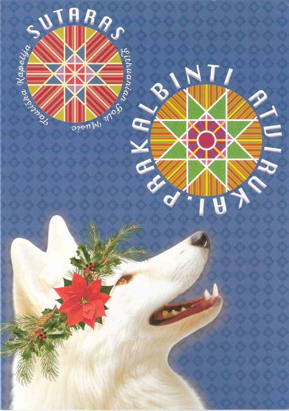 Sutaras - Prakalbinti atvirukai cover artwork. Afetive design with a white wolf o dog with a winter wreath on its head. Also features geometrical folk designs.