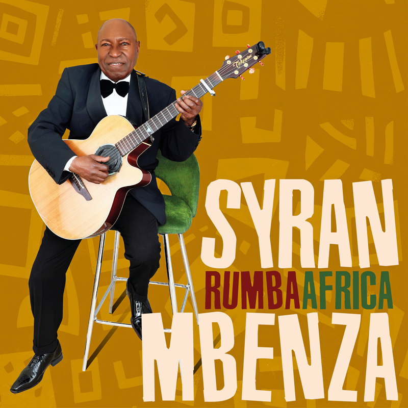 Syran Mbenza - Rumba Africa cover artwork. Syran seated playing an electric guitar.