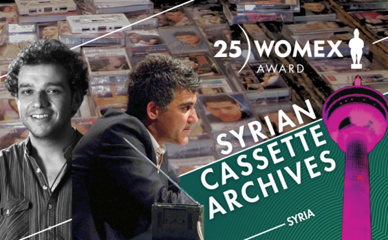 Syrian Cassette Archives WOMEX 2025 award banner. Photos of the two collectors.