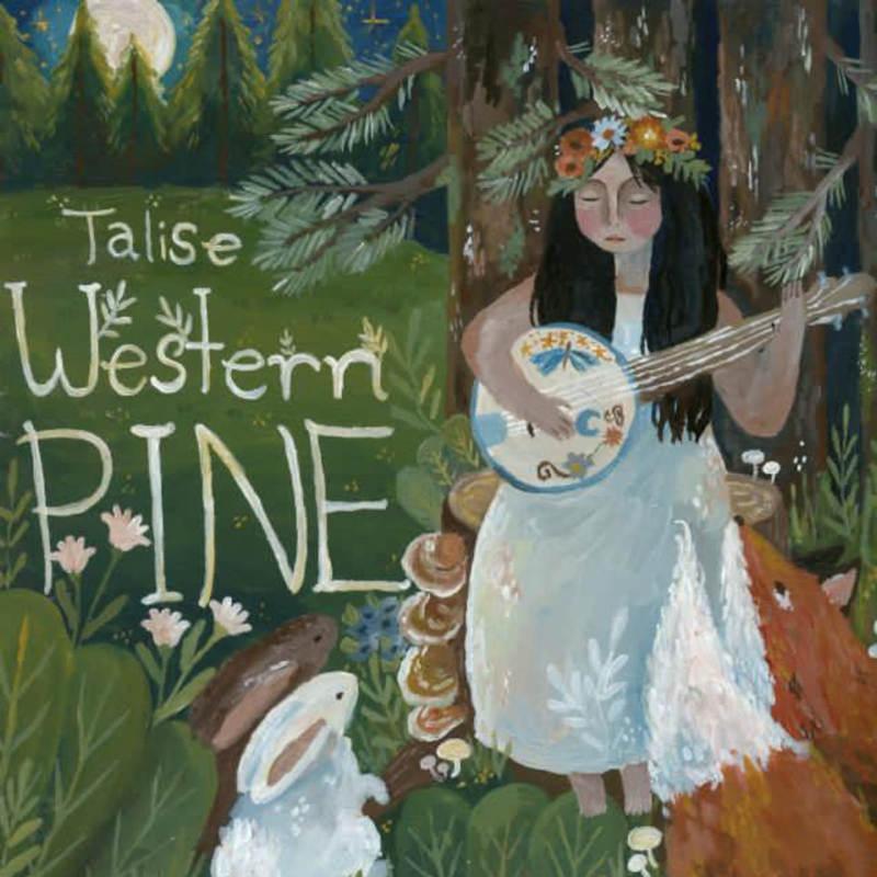 Talise Western Pine cover artwork. an illustration of the artist playing banjo at the edge of a pine forest, surrounded by bunnies and a red fox.