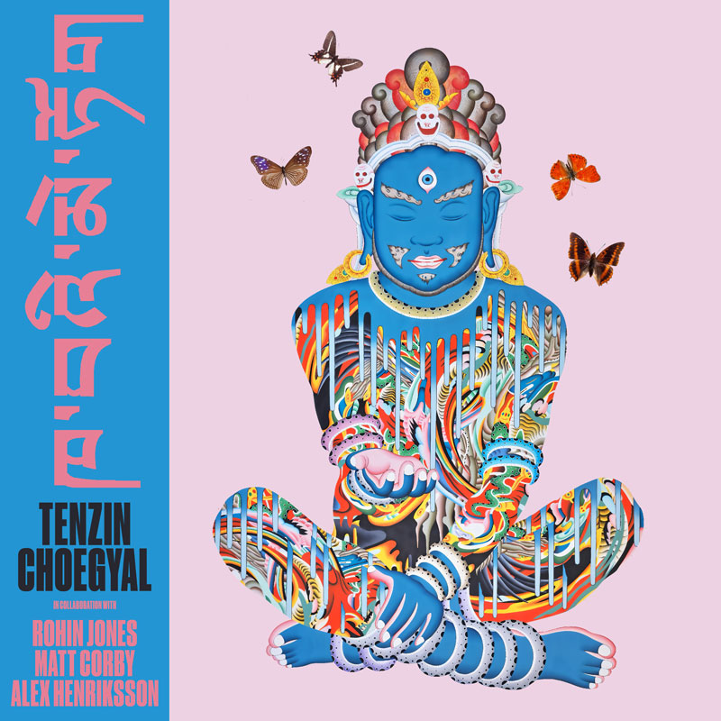 The album cover for Snow Flower by Tenzin Choegyal, in collaboration with Matt Corby, Rohin Jones, and Alex Henriksson, is a fusion of traditional Tibetan iconography and modern digital surrealism. It features a vividly blue-skinned, meditative figure resembling a Buddhist deity, adorned with intricate jewelry, a third eye, and a serene expression. The figure’s body is partially melting or dripping away, revealing an explosion of colorful, abstract patterns beneath, reminiscent of contemporary psychedelic art. Surrounding the figure are butterflies. The typography is bold and modern, with Tibetan script alongside English text, set against a pastel pink and blue background.