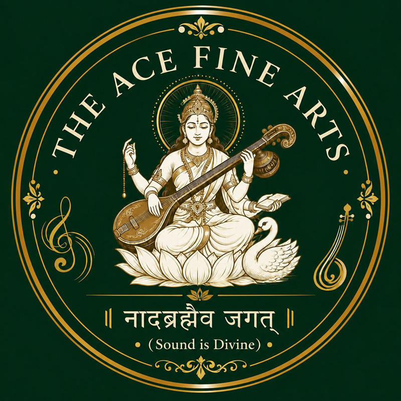The Ace Fine Arts green logo. An Indian deity playing a lute.