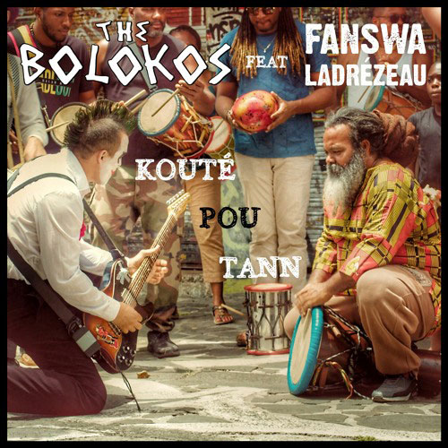 The Bolokos - Koute Pou Tann cover artwork. a punk rocker with a guitar on the left and a drummer with traditional clothes on the right.