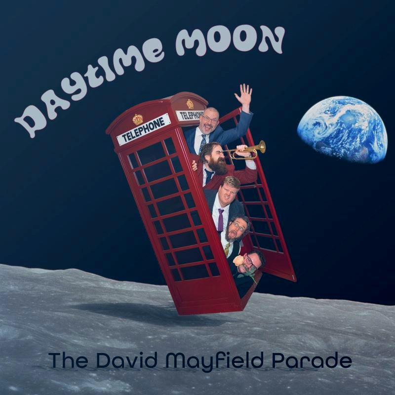 The David Mayfield Parade Daytime Moon cover artwork - A British style red phone booth with band members greeting from inside