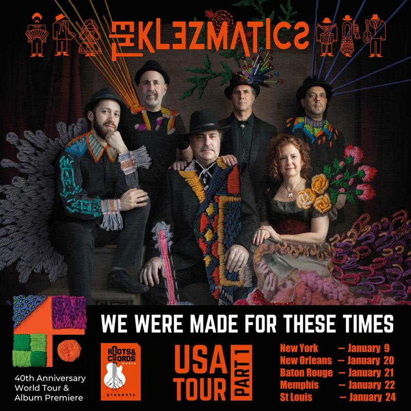 The Klezmatics 40th Anniversary Tour poster. A photo of the band and concert dates.
