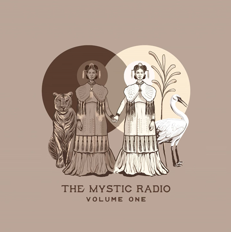 The Mystic Radio Raga Bhairavi cover artwork. an illustration of two women wearing traditional clothes holding hands. They are joined by a tiger and a latrge bod on both sides.