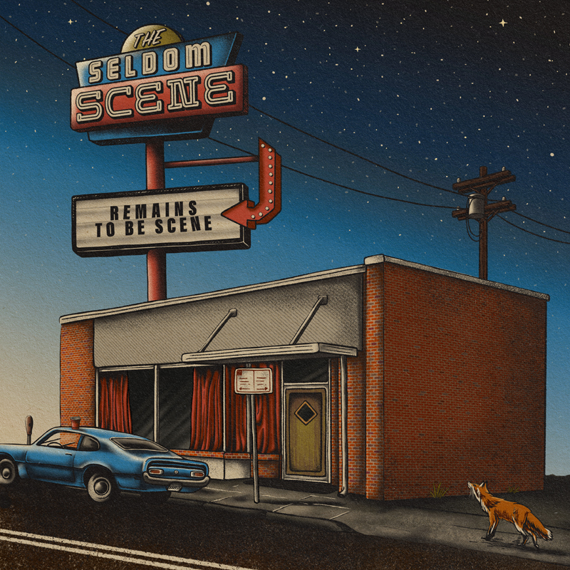 The album cover for Remains to Be Scene by The Seldom Scene features a vintage, Americana-inspired illustration of a small brick building with a nostalgic neon sign. The sign reads “The Seldom Scene” in bold, retro lettering, with a marquee below stating “Remains to Be Scene,” accompanied by a red arrow. A classic blue muscle car is parked outside, and a lone fox stands on the sidewalk, gazing towards the scene. The background is a starry night sky,with power lines and a rustic telephone pole.