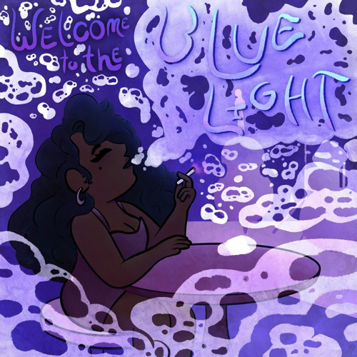 The Static Dive - Welcome to the Bluelight single artwork. An illustration of a woman in a dress sitting at a cafe.