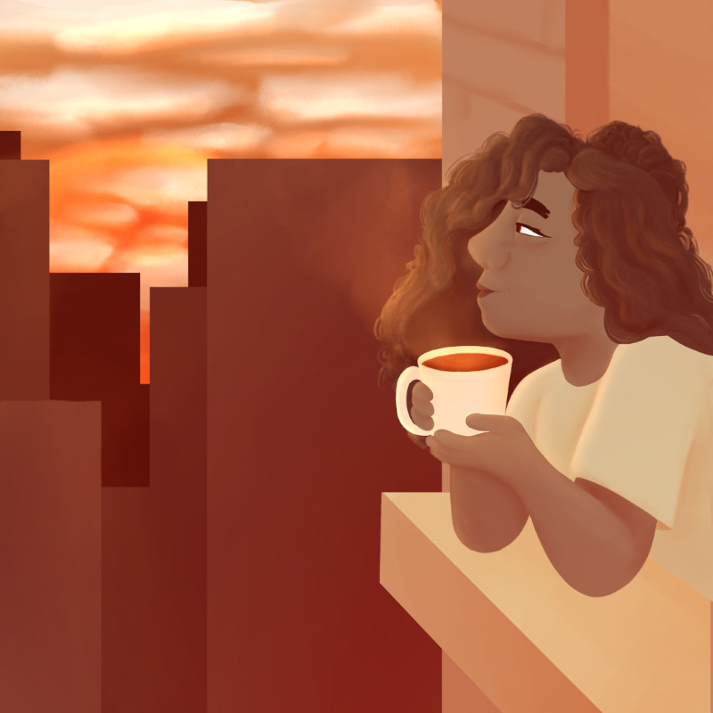 A woman with curly hair leans on a balcony, holding a cup of coffee, gazing at a glowing sunset over a silhouetted cityscape. Warm tones of orange and red dominate the scene.