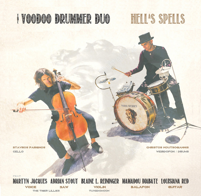 The Voodoo Drummer Duo - HELLaS SPELLS cover artwork. A photo of the artists playing cello and drum set.