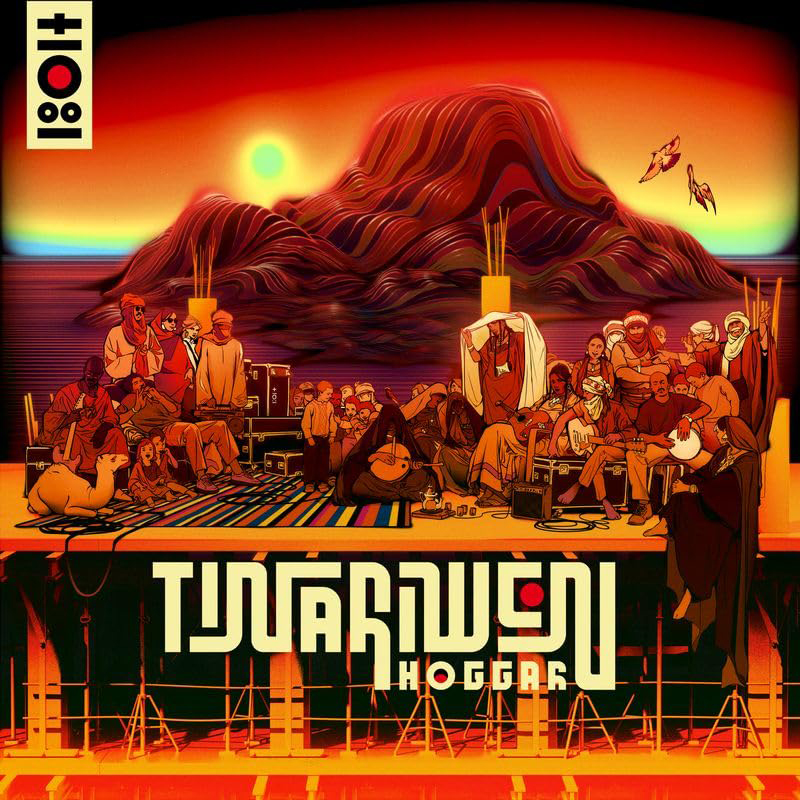 Tinariwen-Hoggar cover artwork. an illustration of Tuareg musicians gathered in the desert with musical instruments and camels.