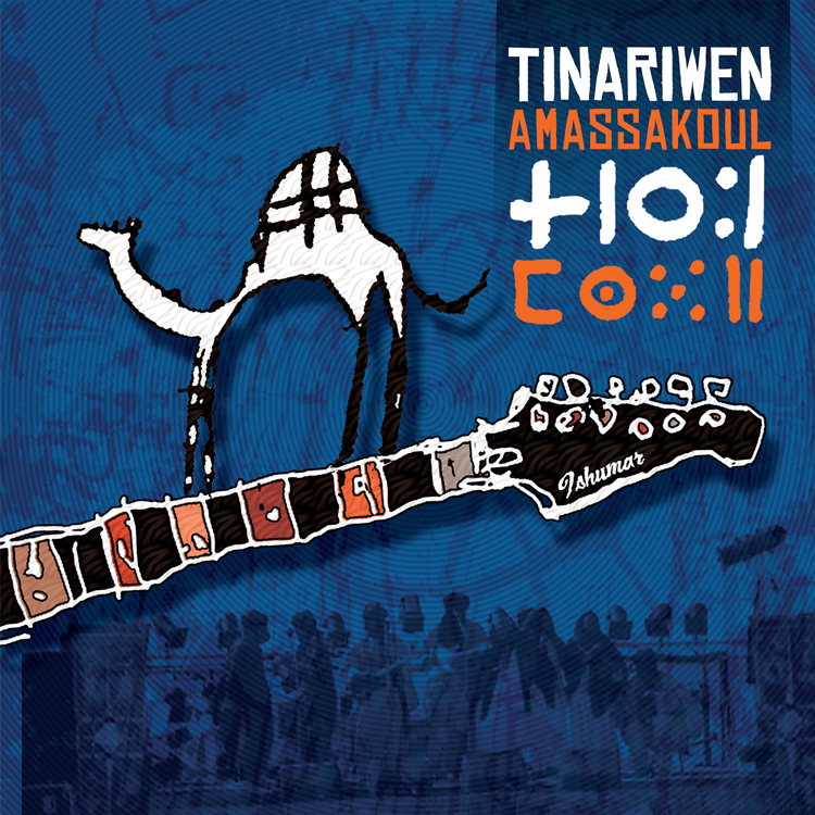 Tinariwen - Amassakoul cover artwork. An illustration of a guitar neck with a camel on top.