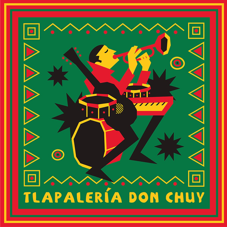 Tlapalería Don Chuy - De Allí Pa'llá EP cover artwork. An illustration of a trumpeter surrounded by other instruments.