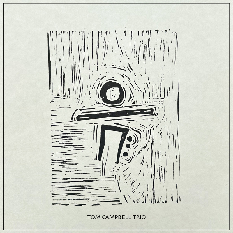 Tom Campbell Trio Malkie's single artwork. A black and white sketch of something that could resemble a mathematical symbol or a person