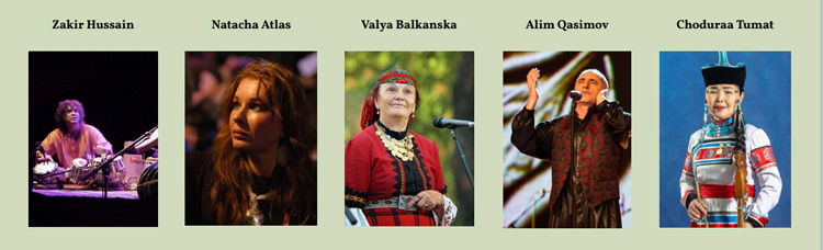 Image composite: Zakir Hussain, Natacha Atlas, Valya Balkanska, Alim Qasimov, Choduraa Tumat