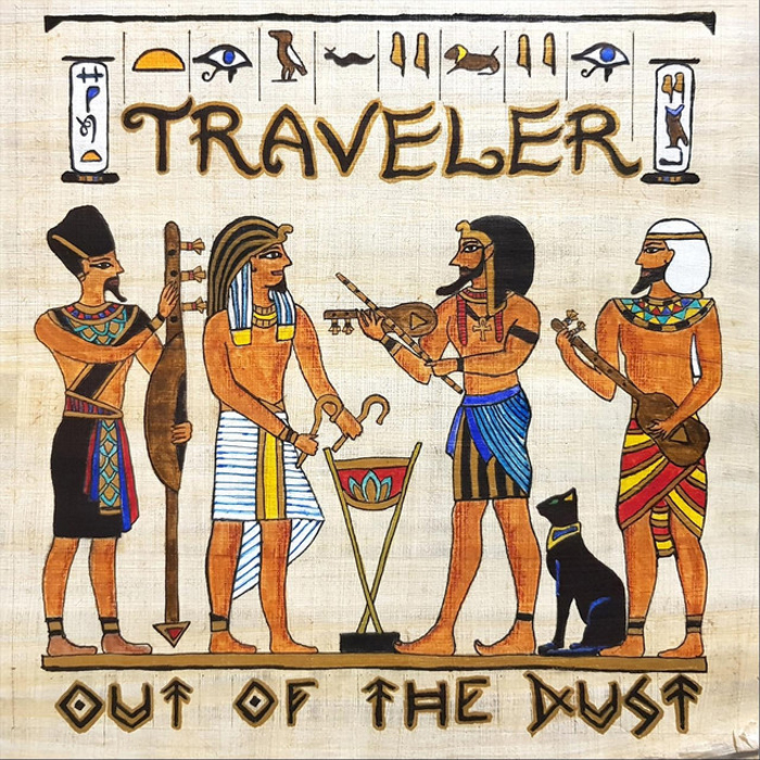 Traveler — Out of the Dust cover artwork. An image of an Egyptian hieroglyphic with Egyptian musicians playing musical instruments.