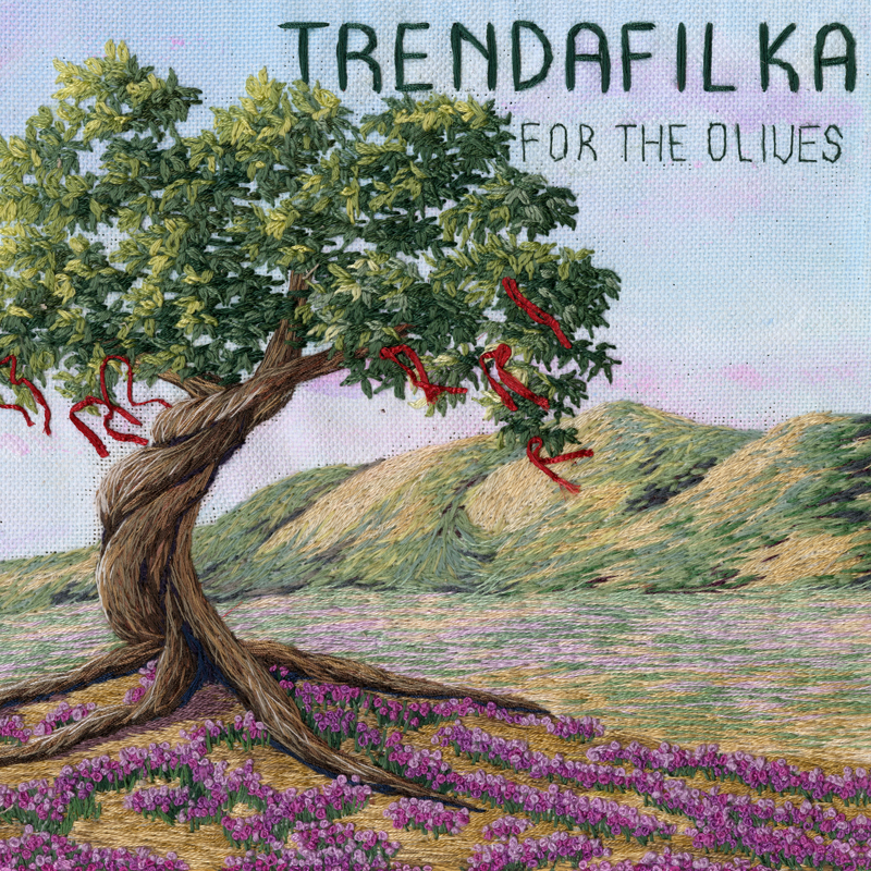 Trendafilka - For The Olives cover artwork. An illustration of an olive tree with mountains in the background.