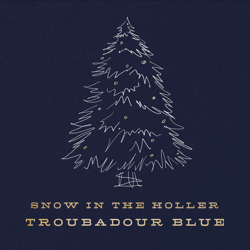 Troubadour Blue Snow in the Holler cover artwork. an illustration of a Christmas tree in white over a blue background.