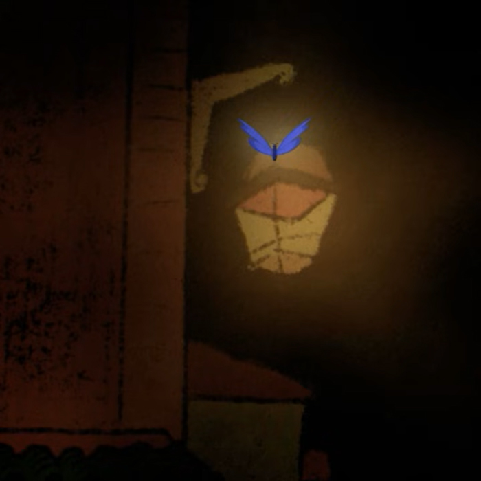 Una Lengua Infinita Chefchaouen cover artwork. A night time painting with deep brown and amber tones, with a hand-painted corner street light. A blue butterfly sits on the lamp.