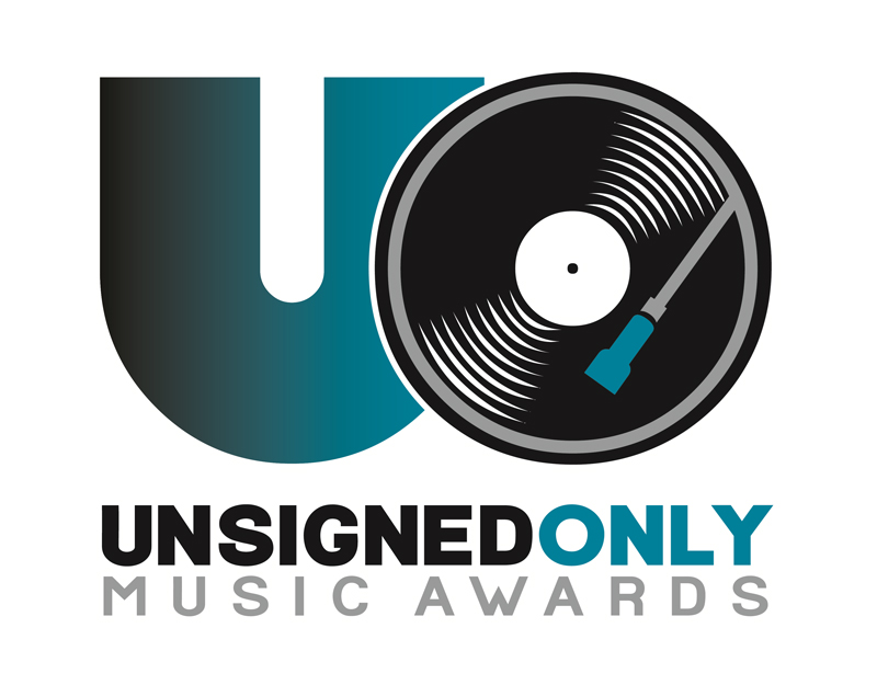 The Unsigned Only Music Awards logo features a modern design. It prominently displays the letters "U" and "O," with the "O" stylized as a vinyl record, complete with grooves and a turntable tonearm. The color scheme blends black, gray, and teal. Below, the award name is presented in uppercase, with "ONLY" highlighted in teal for emphasis.