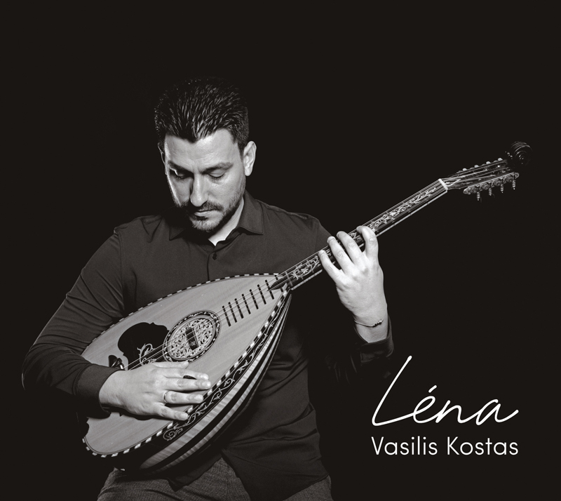 Vasilis Kostas — Léna cover artwork. A black and white photo of Vasilis playing lauto.