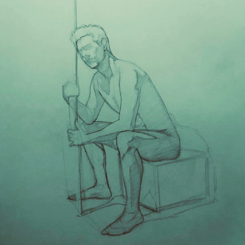 The single cover shows a pencil sketch of a seated, nude man holding a long vertical pole. The figure is drawn with soft shading and rests on a block-like structure.