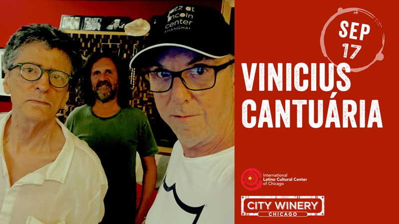 Vinicius Cantuária Trio poster. A photo of the three musicians.