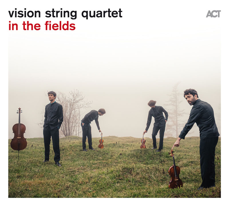 The cover of In The Fields shows four members of the Vision String Quartet standing in a misty meadow, each positioned apart while holding or placing a violin, viola, or cello into the grass.