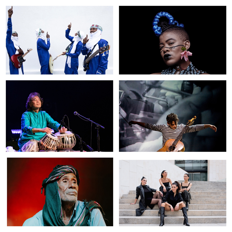 Clockwise from top left: Etran De L'Aïr, Thandiswa Mazwai, Zakir Hussain, Paolo Angeli, Ustad Noor Bakhsh, Las Migas