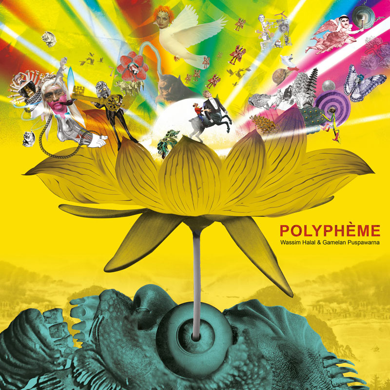 Polyphème / Wassim Halal & Gamelan Puspawarna - Le Rêve de Polyphème cover artwork. An image of a Balinese monkey statue with a yellow flower placed verically in one eye and various colorful objects on top of the yellow flower.