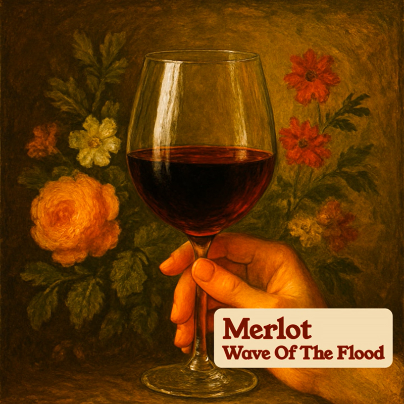 Wave Of The Flood Merlot. An illustration of a woman's hand holding a cup of red wine.