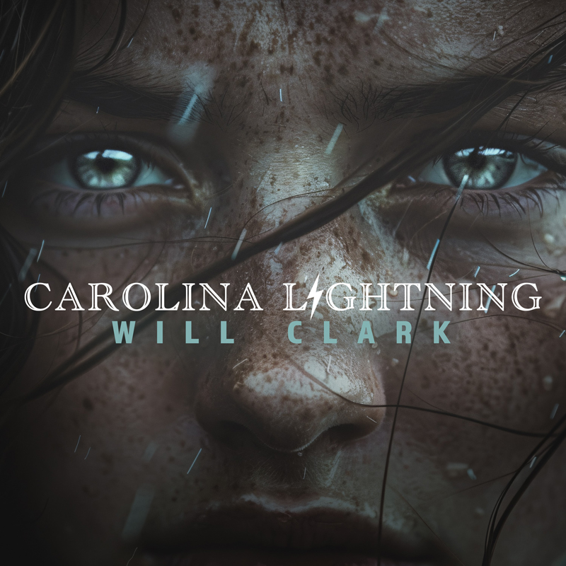 Will Clark - Carolina Lightning cover artwork. An image of the face of a freckled woman with blue eyes in the rain.