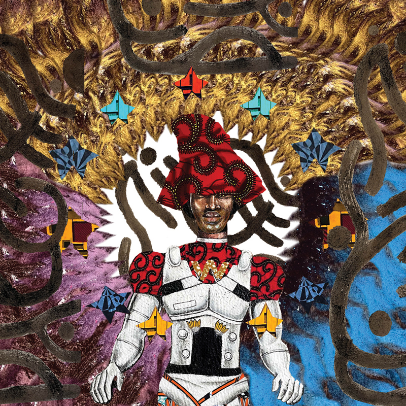 The album cover features a futuristic, armored figure with a patterned red hat and shoulder designs, set against a background of gold, blue, purple, and black swirls. Origami-like star shapes in various colors float around.