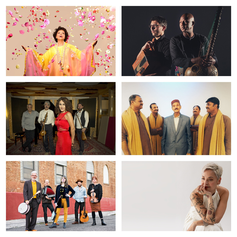 Clockwise from top left: Chandrika Tandon, Ablaye Cissoko and Cyrille Brotto, Saami Brothers Khayal, Mariza, Solas, Aynur. Photo Credits: Chandrika Tandon by Shervin Lainez; Ablaye Cissoko and Cyrille Brotto by Cedrick Nöt; Mariza by Eduardo Ramos Photos; Solas by Anna Colliton; Aynur by Jean Baptiste Millot. All other photos courtesy of the artists.