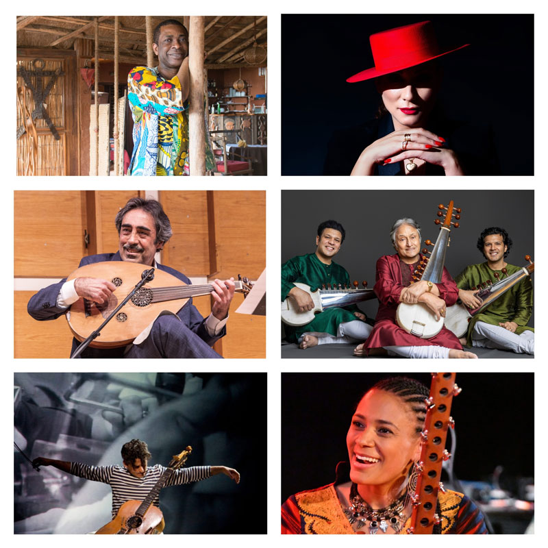 Clockwise From Top Left: Youssou NDOUR, Marina Heredia, Amjad Ali Khan (with Amaan Ali Bangash and Ayaan Ali Bangash), Sona Jobarteh, Paolo Angeli, and Simon Shaheen. Photo credits: Youssou NDOUR - Youri Lenquette, Sona Jobarteh- Rob O'Connor, Paolo Angeli - Nanni Angeli, and Simon Shaheen - Keith Getter. All Other Photos Courtesy of The Artists