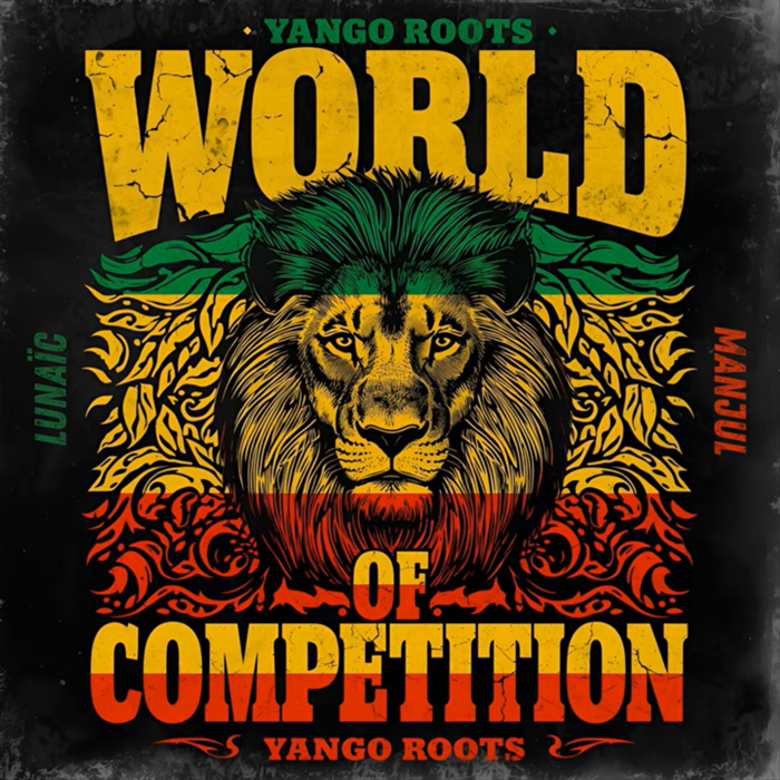 Yango Roots World of Competition cover artwork. An illustration of a lion's head with Jamaican flag colors.