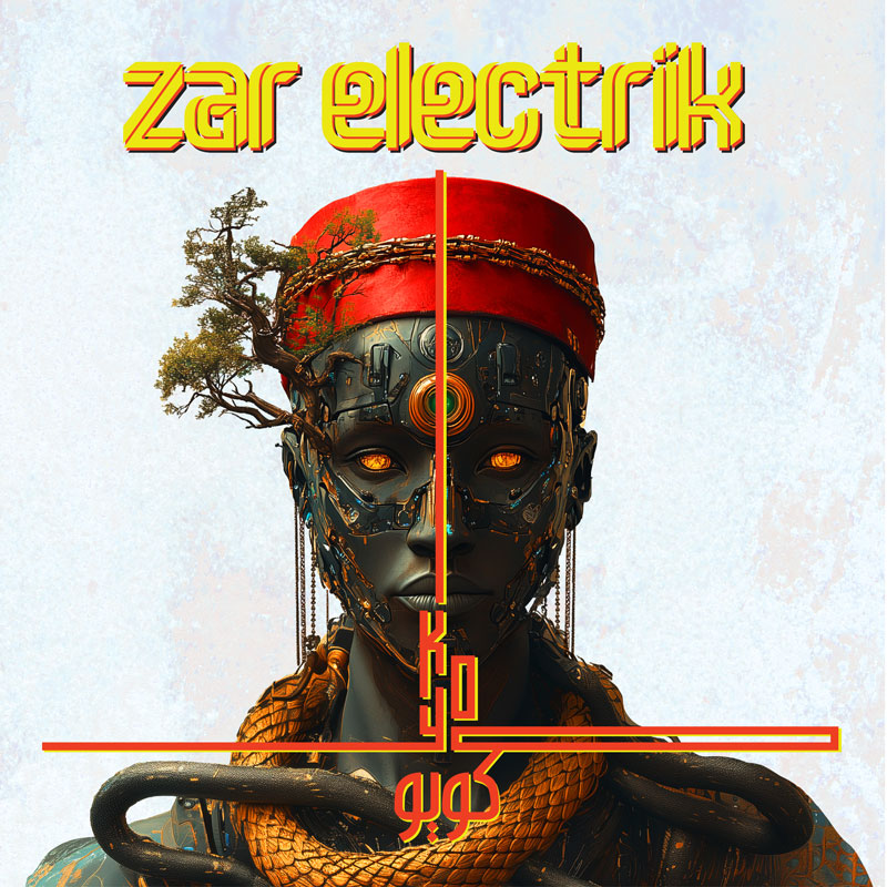 The album cover for Koyo by Zar Electrik features a fusion of futuristic cybernetics and organic elements. At its center is a humanoid figure with a dark metallic face, intricate circuitry, and glowing golden eyes. A red hat, adorned with a delicate golden chain, sits atop the figure's head. One side of the head is partially overtaken by a small bonsai-like tree. A thick, golden snake coils around the figure’s neck. The typography is bold and futuristic, with the album title written in stylized yellow Arabic script intertwined with geometric red and yellow lines.