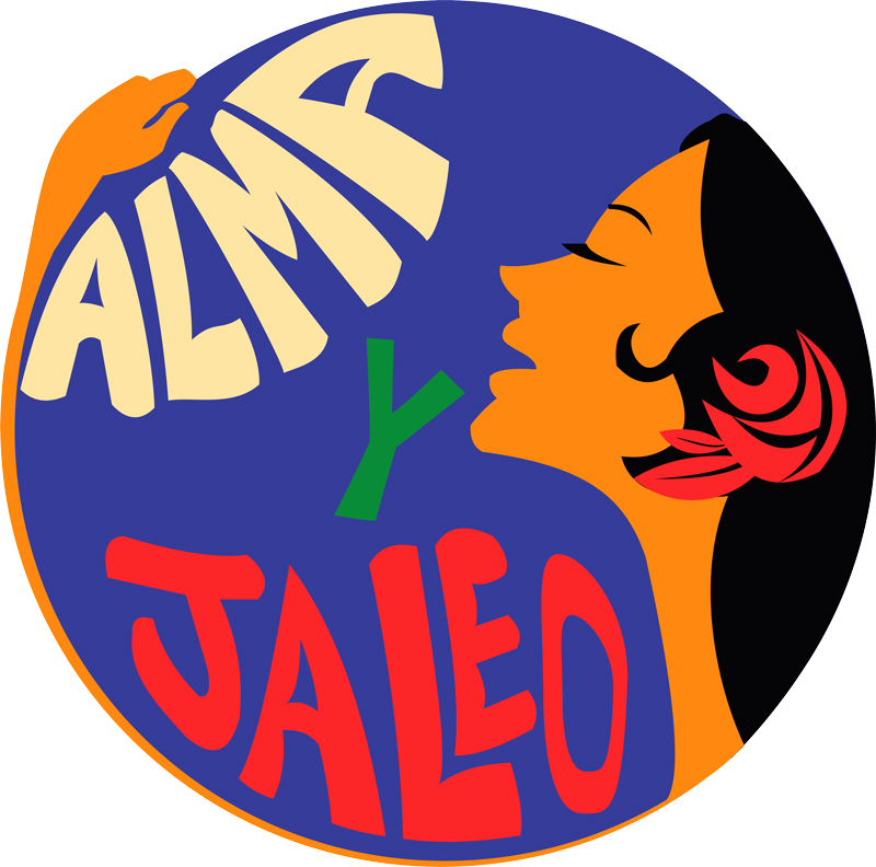 The Alma y Jaleo logo features a circular design with a deep blue background. On the right, a stylized profile of a woman with an orange face, black hair, and a red flower appears to be singing. The words “ALMA” (in cream), “Y” (in green), and “JALEO” (in red) curve around the circle.