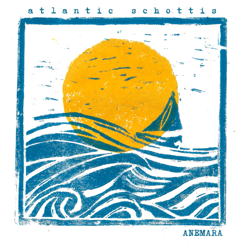 The single cover for Atlantic Schottis by Anemara features a sailboat cutting across rolling blue waves, backlit by a large, textured yellow sun. The design is framed in blue with typewriter-style text: "atlantic schottis" at the top and "ANEMARA" at the bottom right.