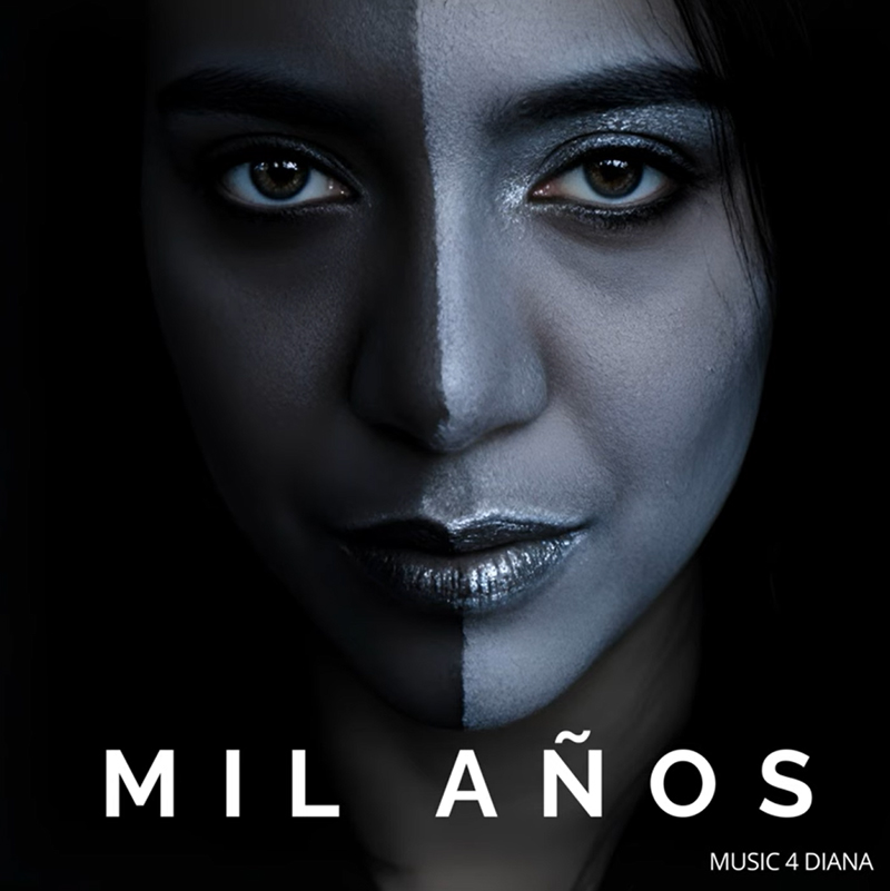 The single cover for Mil Años by Diana Jiménez features a close-up of a woman's face split vertically into dark and light halves. The title Mil Años appears in white text at the bottom, with the artist credit "Music 4 Diana" in smaller type.