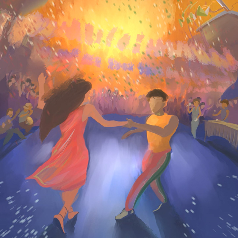 A pair of dancers move across a dancefloor in Descarga Valenciana, surrounded by swirling confetti, warm orange light, and a cheering crowd. Musicians with congas and other percussion line the edges.