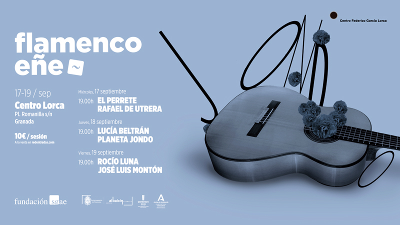 FlamencoEñe 2025 horizontal poster. an image of a guitar and lineup with a light blue background.