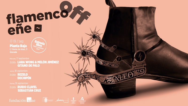 FlamencoEñe Off 2025 horizontal banner. Sepia background with artists listed and a high heeled boot.