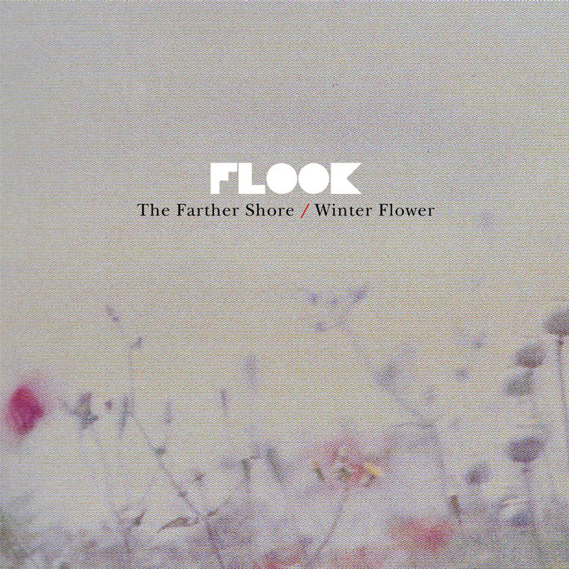 Flook - The Farther Shore cover artwork. The design features a minimalist and delicate aesthetic, with a soft, muted color palette dominated by pale whites, creams, and subtle floral imagery. The flowers in the foreground are faint and slightly blurred,