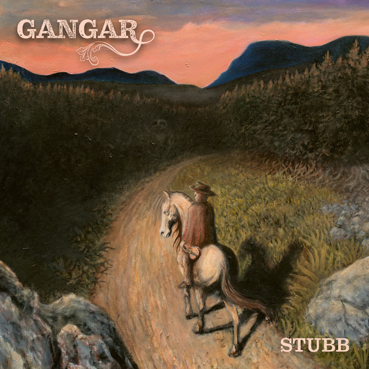 The cover of Gangar's debut album, "Stubb," features a painting by Norwegian artist Kenneth Lien. The artwork depicts a lone rider on horseback traversing a winding path through a dense forest, set against a backdrop of softly lit mountains under a dusky sky. The band's name, "Gangar," appears in stylized, rustic typography at the top left corner, while the album title, "Stubb," is positioned subtly at the bottom right.