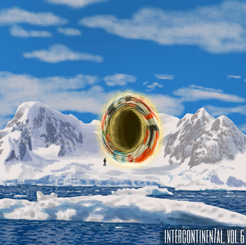 This album cover for "Intercontinental, Vol. 6" depicts an Arctic landscape with icy waters and snow-covered mountains under a bright blue sky. At the center, a glowing, swirling portal with a black void at its core is adorned with a pattern resembling international flags. A lone figure stands in the distance, facing the portal.