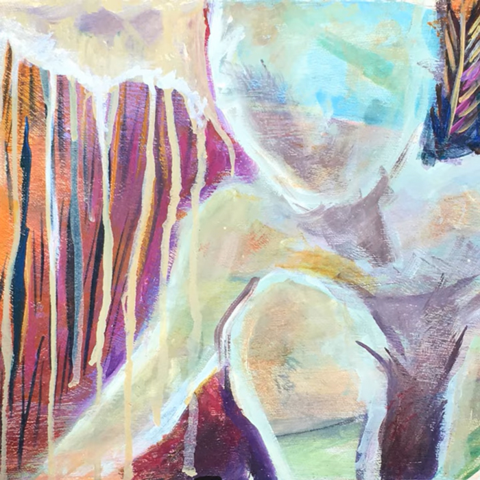 jenny and the weasels the worker's song cover atwork. an abstract clorful painting of a humanoid figure crouching with hands toward the ground.